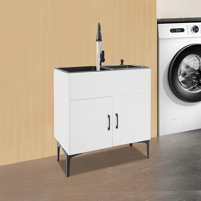 Laundry Sink Cabinet with Stainless Steel Sink and Pull-Out Faucet, Large Utility Sink Cabinet,Stainless Steel Utility Sink with Cabinet and Drawer Combo, for Laundry & Utility Room (White)