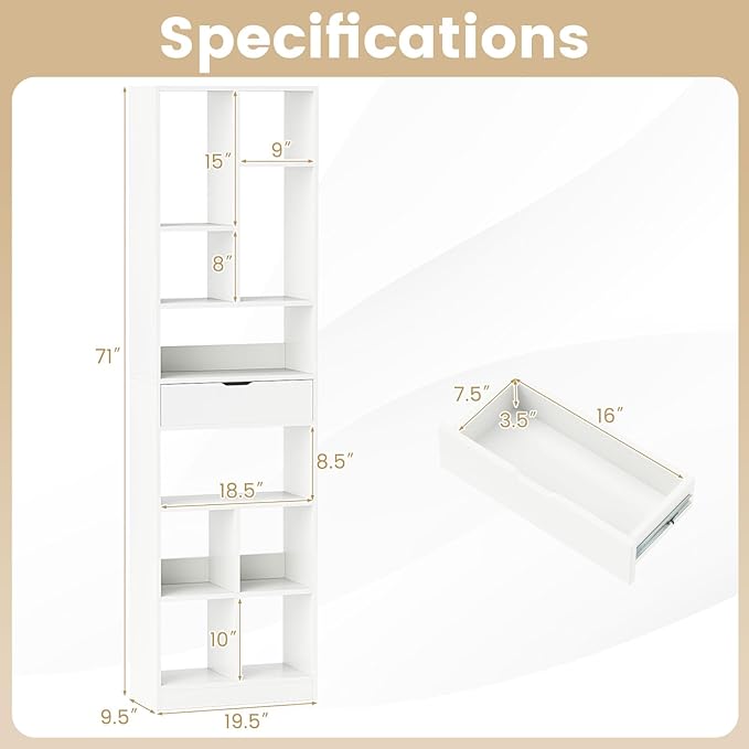 Giantex 71" Bookcase with Drawer, Tall Freestanding Bookshelf with 10 Open Cubes, Floor Display Shelving Unit, Modern Storage Organizer for Living Room, Bedroom, Study, White