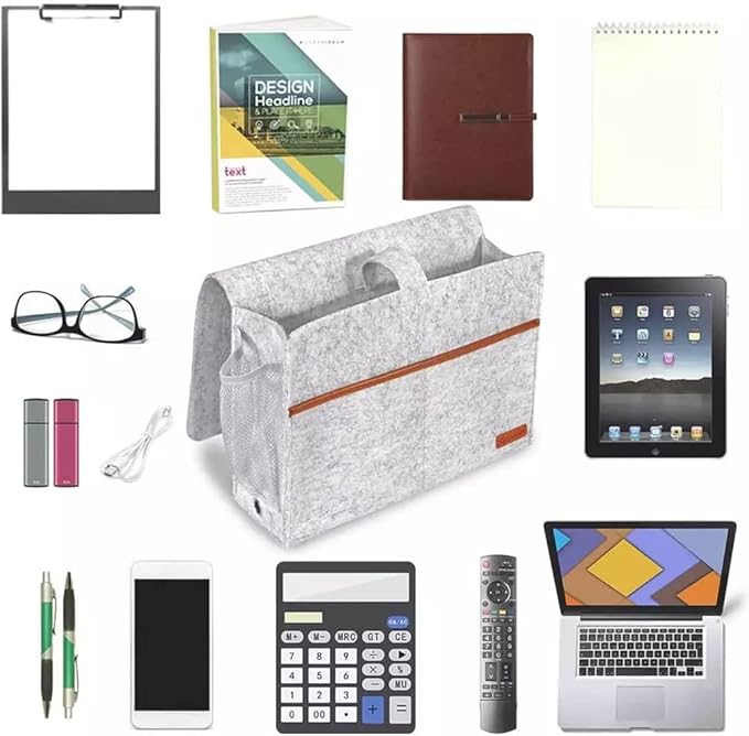 Bedside Caddy,Felt Bedside Storage Organizer, Hanging Storage for Dorm Bed Sofa for tablet Magazine Phone Remotes and Water Bottle Holder (Light Grey)