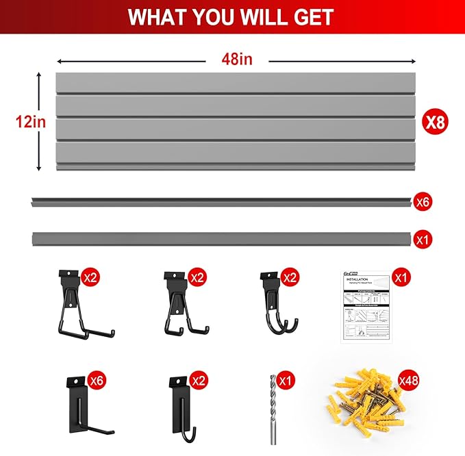 4'H x 8'W Slatwall Panel Garage Wall Organizer with 14 Hooks, Heavy Duty Slat Wall Paneling Sheets, Interlocking PVC Panels, Garage Slatwall for Tool Organization Mounted Storage Systems