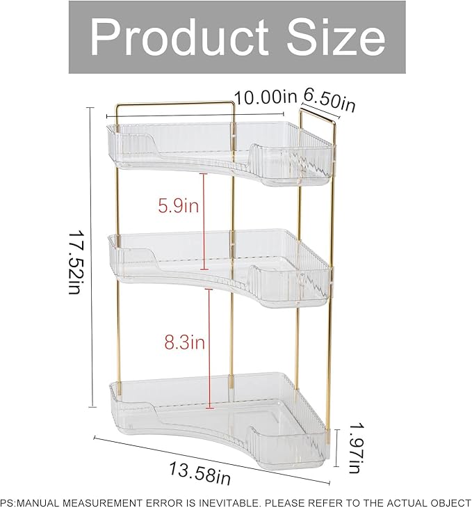 Corner Bathroom Countertop Organizer, Vanity Trays for Counter, Makeup Organizers, Perfume Tray, Kitchen Spice Rack, (Clear, 3 Tiers)