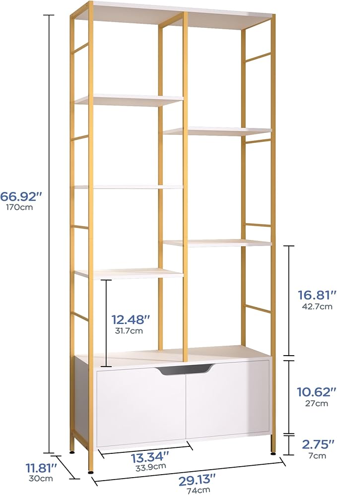 Bookshelf with Doors, 6-Tier Shelf with Storage Cabinet, 67" Tall Open Bookcase for Display, Industrial Retro Bookcase, Freestanding Storage Organizer Bookshelf for Living Room, White