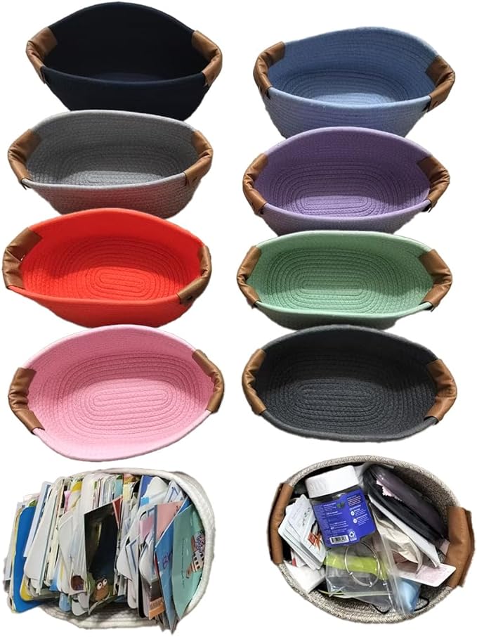 Small Cotton Woven Basket with PU Leather Handle, Baby Kids Clothes Toys Candy Gifts Cotton Rope Organizer, Living Room Basket Bathroom Shower Storage Laundry Basket, Dog Cat Bed, Cute Decor, Pink