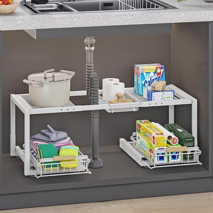 Under Sink Organizer,Pull Out Storage Organizer,2 Tier Sliding Sink Organizer Under Cabinet For Kitchen,Bathroom