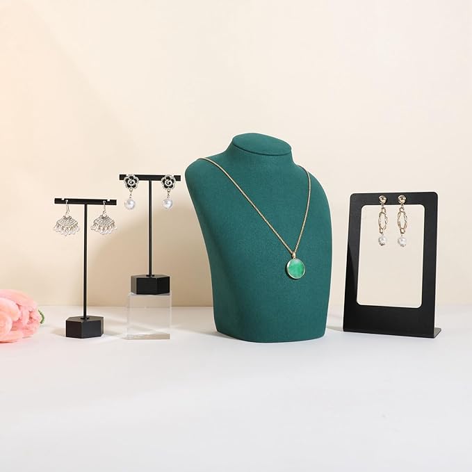 GemeShou Green necklace hanger jewelry organizer, Velvet jewelry stand necklace holder, jewelry mannequin bust for necklaces, Jewelry boutique store photography props【Green-Medium height 7.87 inch】