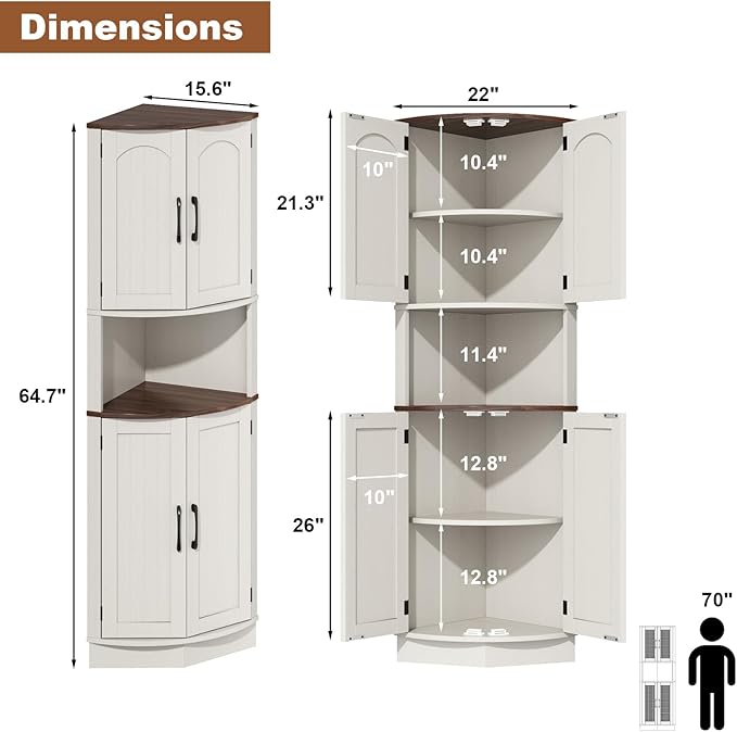 Tall Corner Cabinet, 64.7" Corner Storage Cabinet with 4 Doors and 5 Storage Shelves, Farmhouse Space Saver with Arched Door Design for Living Room, Kitchen, Bathroom, Office