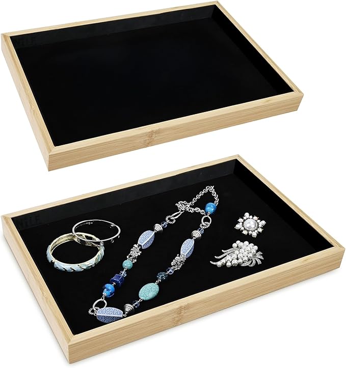 MOOCA 2 Pcs Bamboo Jewelry Display Tray, Presentation Tray, Organizer for Rings, Necklaces, Earrings, and Accessories, Black Color, 14" W x 9.6" D x 1.2" H