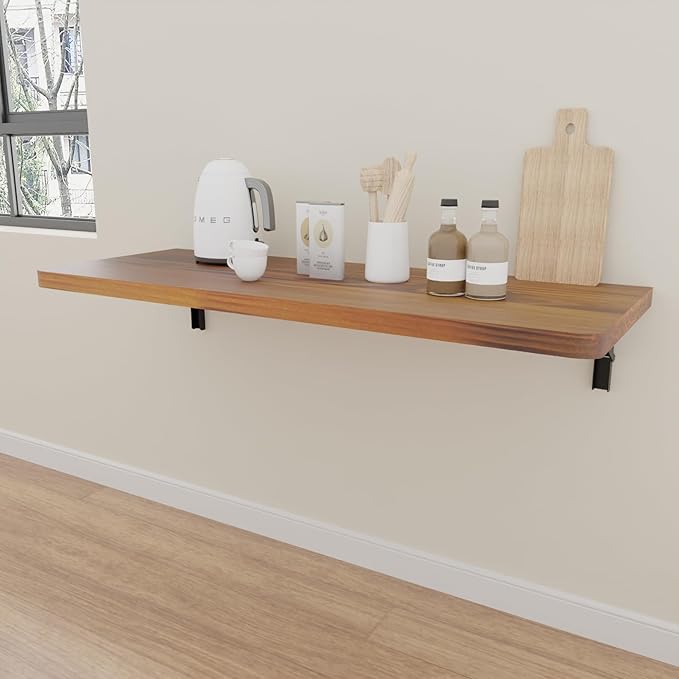 IAE Wall Mounted Folding Table with Pine Wood,Floating Wall Desk,Laundry Folding Table with Shelf Brackets,Fold Down Desk Shelf,Folding Workbench for Home,Dining,Laundry Room,Kitchen,36" x 14",Teak