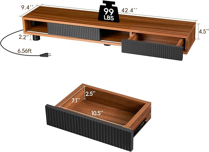 Artswish Dual Monitor Riser with Power Outlet, 42 Inch Wood Monitor Stand for 2 Monitors with Drawer Storage, Computer Monitor Stand Riser with Adjustable Feet, Double Monitor Stand Desk Shelf, Walnut