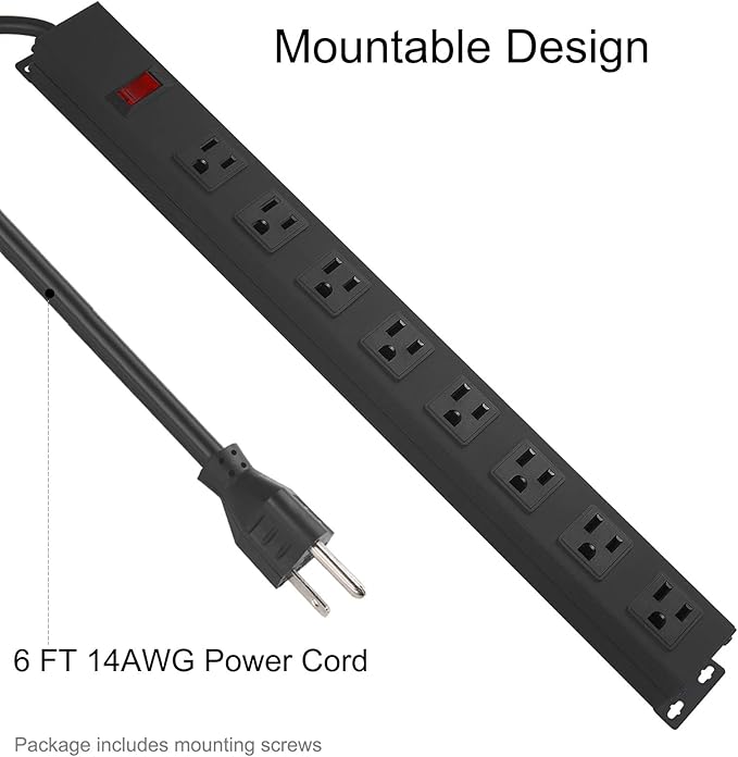 HHSOET Metal 8 Outlet Mountable Power Strip, Wall Mount Outlet Heavy Duty, Wide Spaced Commercial Shop Power Strip with Switch, 15A 125V 1875W, 6 FT SJT 14AWG Power Cord.(Black)