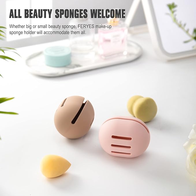FERYES Makeup Sponge Holder – Shatterproof Eco-Friendly Silicone Beauty Make Up Blender Case for Travel - Pink