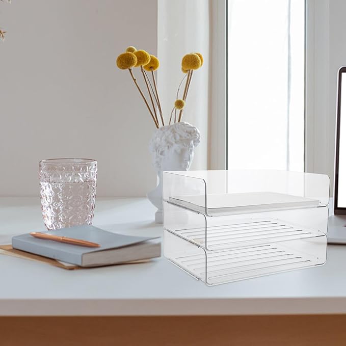 Stackable Paper Tray Organizer for Desk Wide Letter File Holder Transparent Desktop Storage Rack for Office Documents Mail and Stationery Management