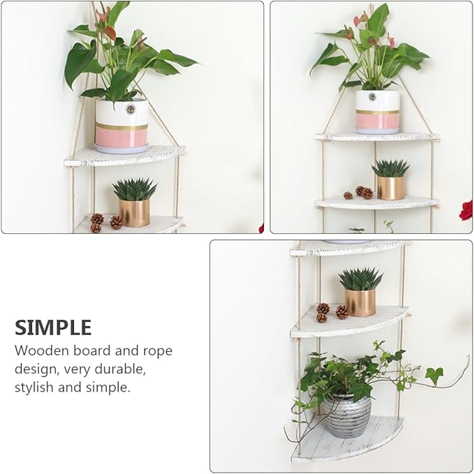BESPORTBLE Nordic Style Fan-Shaped Wall Corner Rack with Detachable Wooden Shelves and Rope Design Space-Saving Floating Storage Shelf for Plants Crafts Photos in Bedroom Living Office