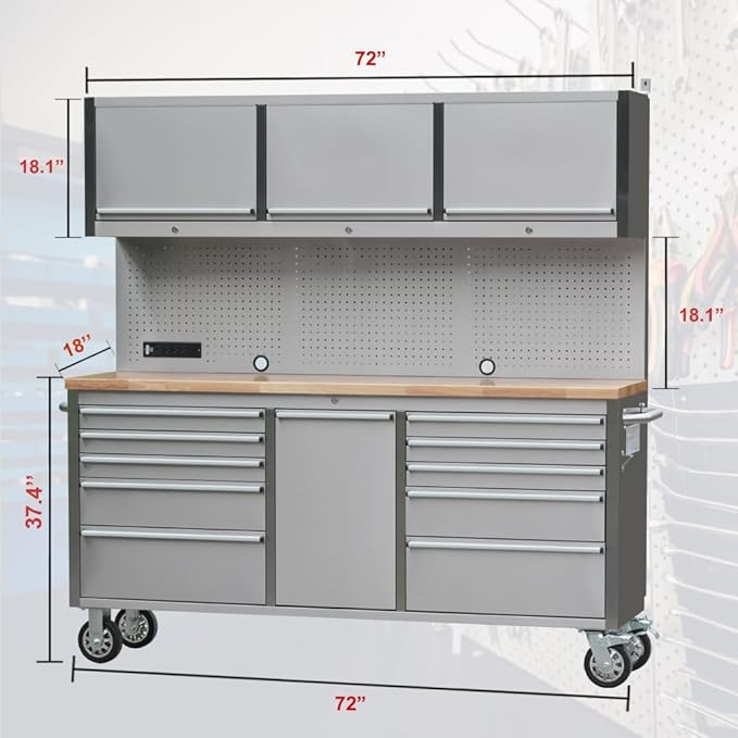 72" Stainless Steel Rolling Tool Chest with 11 Drawers + 3 Upper Cabinets, Large Lockable Storage Cabinet, Mobile Workbench with Wheels for Garage Workshop (1 × HTC7214W1)