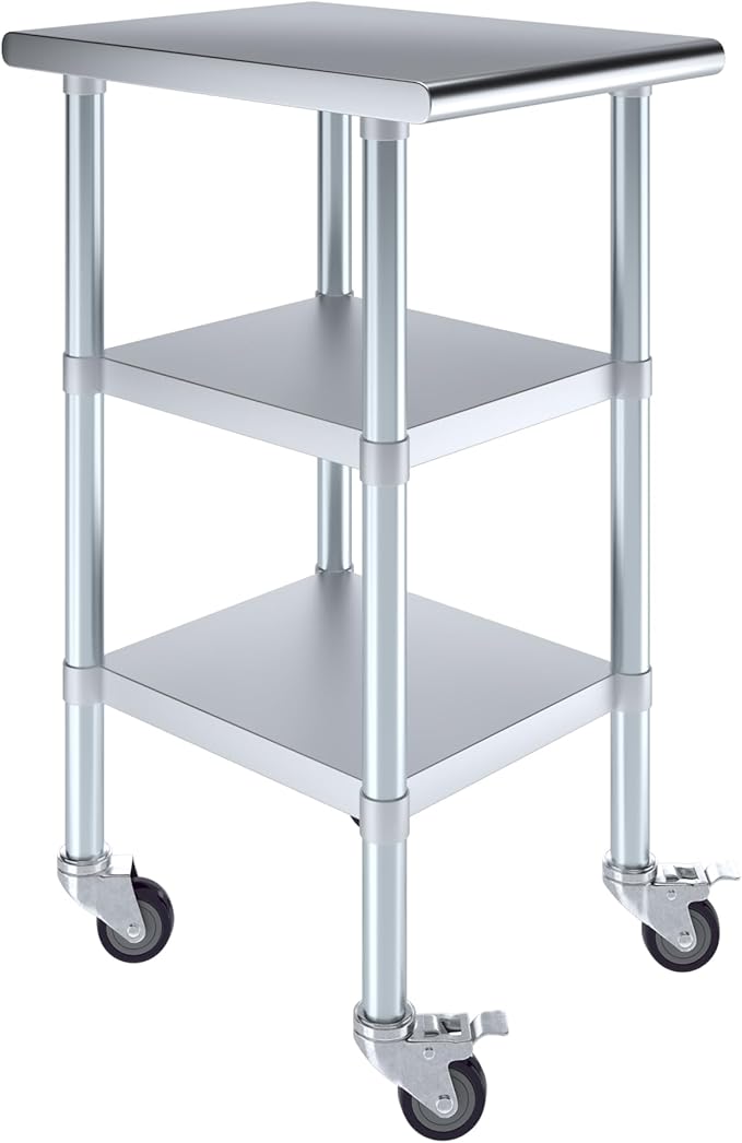 AmGood Stainless Steel Work Table with 2 Shelves and Casters | Metal Utility Table On Wheels (Stainless Steel Work Table with 2 Shelves + Casters, 18" Long x 24" Deep)
