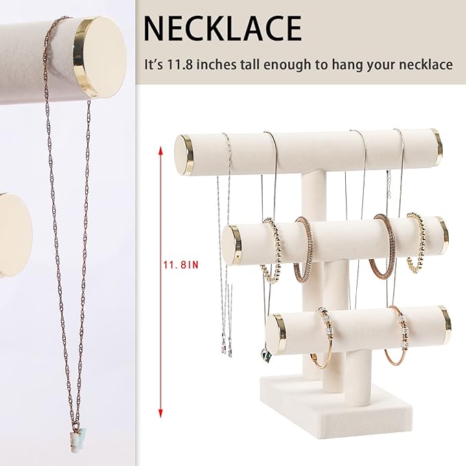 3 Tier Bracelet Holder,Bracelet Display Stand with Metal Cap,Beige White Velvet Jewelry Organizer Displays for Necklace Scrunchies Watches Hair Ties.