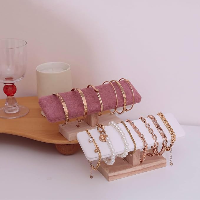 Wooden Watches Display Tower Base Watch Neck Bracelet Organizer Rack Bangle Scrunchie Headband Showcase Tower Pink Suede