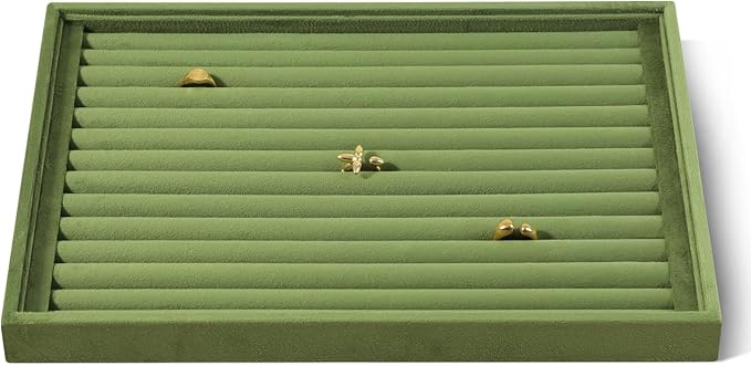 Velvet Ring Display Tray, Stackable Muilt Slot Rings Ear Stud Storage Tray, Drawer Insert Jewelry Accessories Organizers Plate (Olive Green)