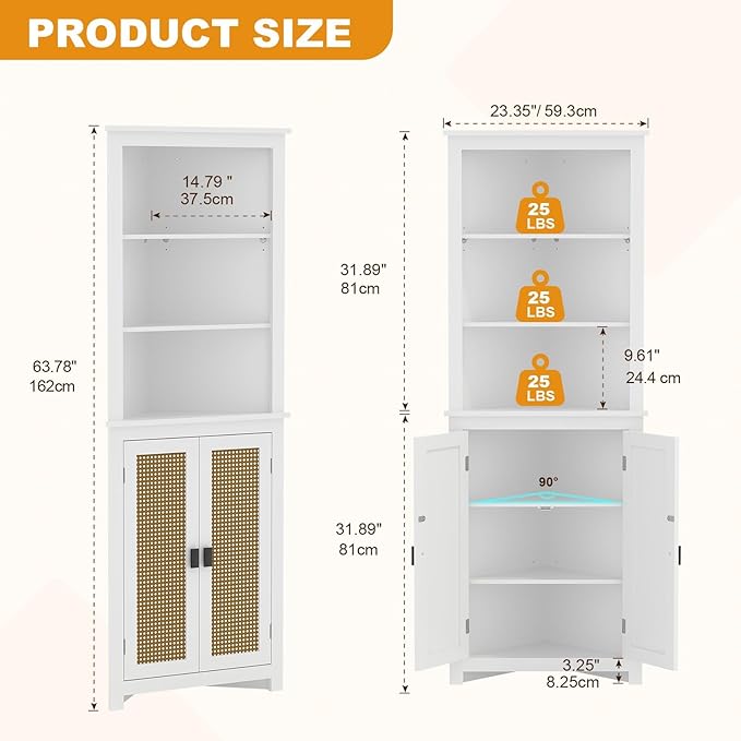 64 inch Farmhouse Corner Cabinet with 2 Barn Doors, Tall White Storage Cabinet with Adjustable Shelves, Multi-Purpose Buffet Pantry for Bathroom, Kitchen, Dining Room
