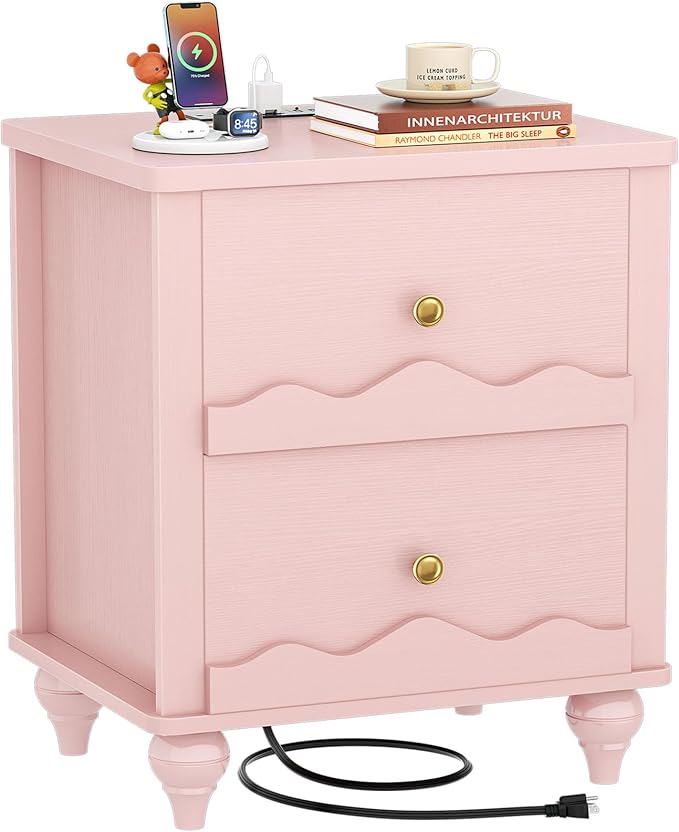Cyclysio Nightstand with Charging Station, Side End Table with 2 Drawers, Modern Wood Night Stand with Scalloped Pattern for Bedroom, Bedside Night Tables with Solid Wood Gourd Legs