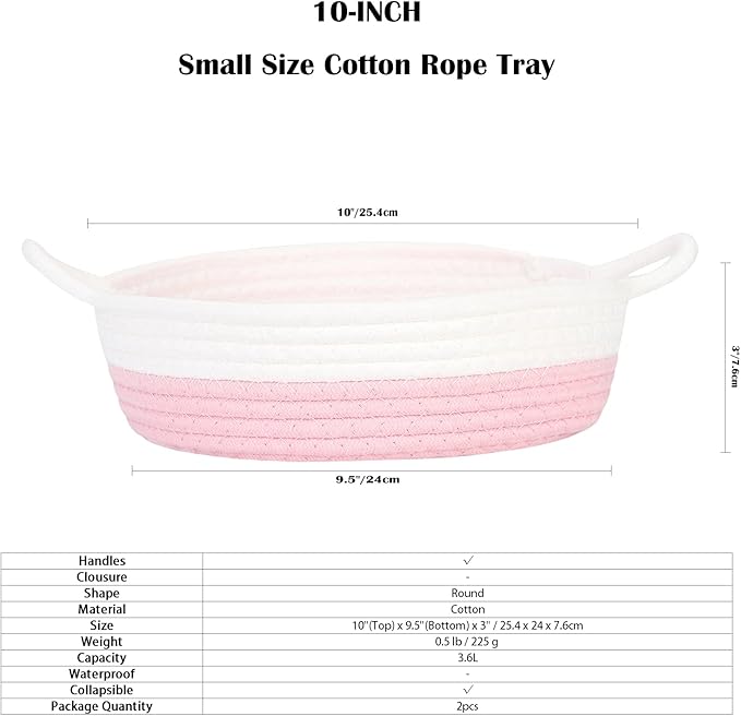 Sea Team 2-Pack Cotton Rope Baskets, 10 x 3 Inches Small Woven Storage Basket, Fabric Tray, Bowl, Round Open Dish for Fruits, Jewelry, Keys, Sewing Kits (Pink & White)