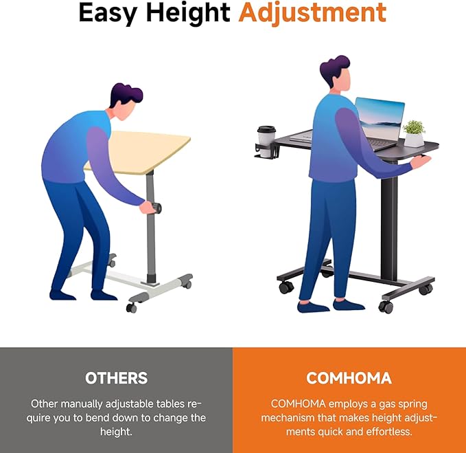 COMHOMA Adjustable Overbed Bedside Table with Lockable Wheels, Pneumatic Mobile Standing Laptop Desk, Small Standing Desk Portable Rolling Overbed Table Hospital Home Use(28" W x 16" D, Black)