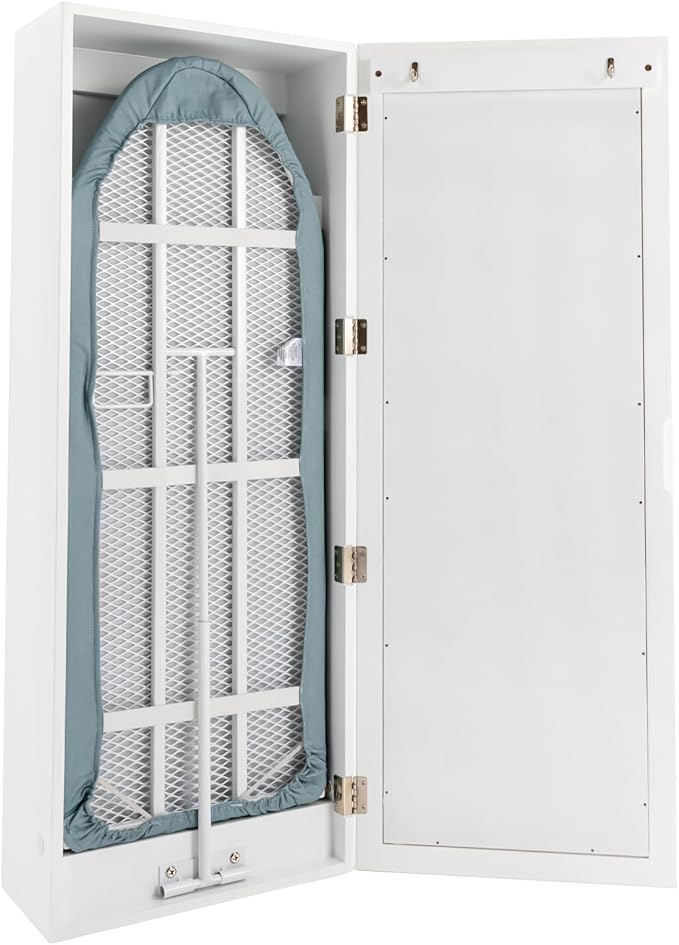 Wall Mounted Ironing Board Cabinet, Built-in Foldable Ironing Board, Wall Ironing Boards with Mirror and 2 Hooks for Home, Apartment & Small Spaces