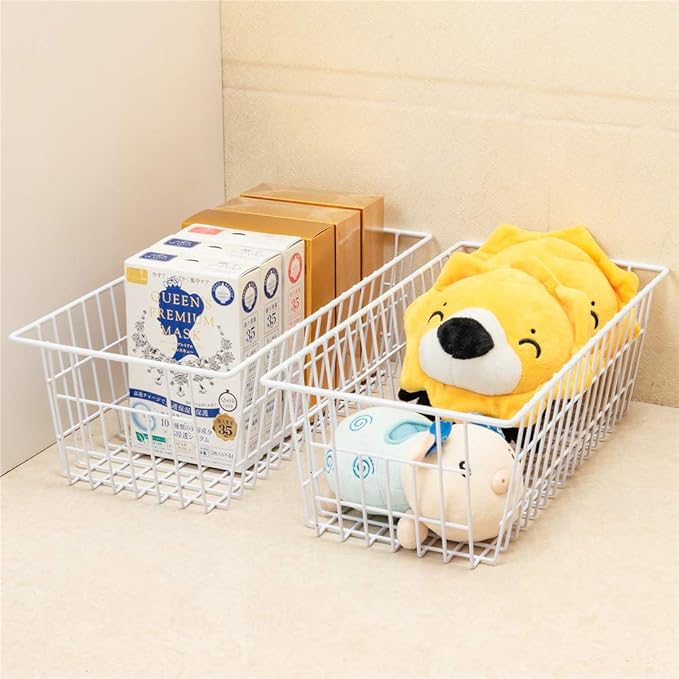 Wire Storage Basket Freezer Organizer Bins Food Storage Baskets with Handles Pantry Organizer for Kitchen Cabinets Closet Bedroom Bathroom,Set of 2,White