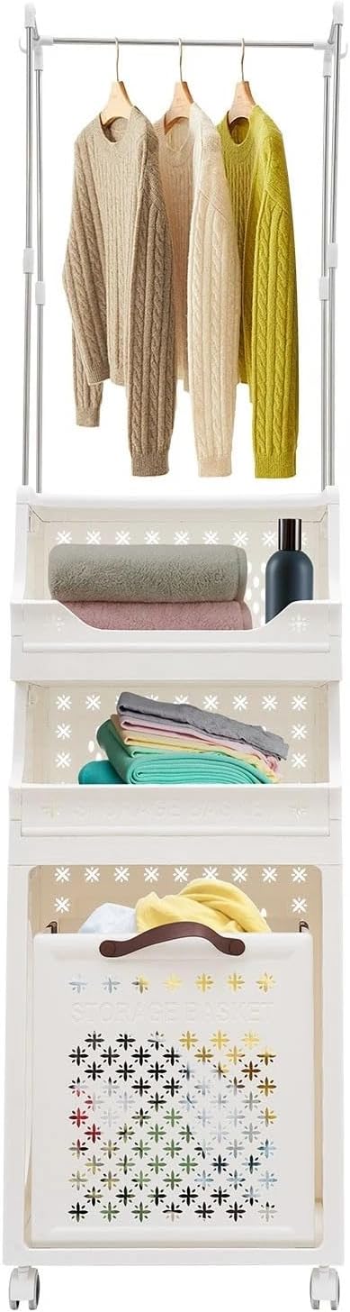 Laundry Hamper Cart, 4 Tiers Laundry Hamper Trolley, Laundry Basket, Rolling Laundry Organizer with Hanging Rack, Storage Basket with Wheels for Laundry Room