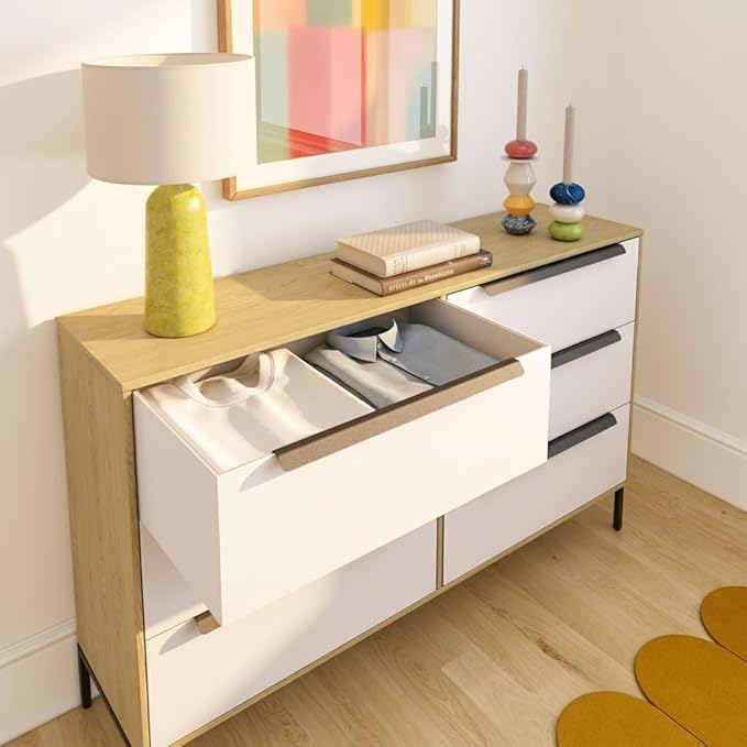 tinge Lira Premium Fabric Dresser - Solid Wooden Frame, 6 Spacious Sag-Proof Drawers with Sleek Metal Handles - Premium & Durable Storage Solution for Your Home (Light Brown)