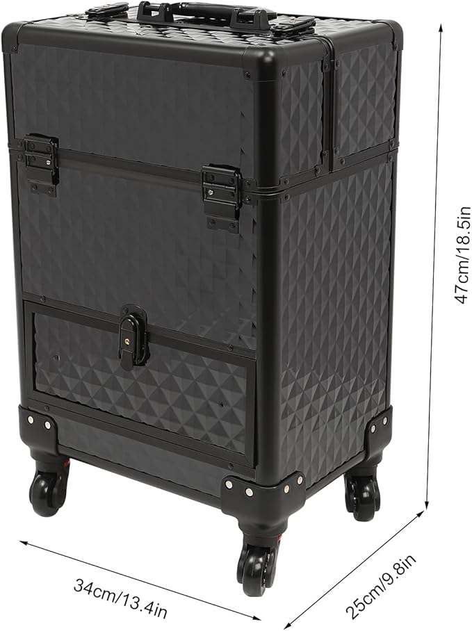 Rolling Makeup Train Case with Drawers, Portable Rolling Makeup Cart with Wheels, Black Cosmetology Storage Cart with 6 Compartments for Makeup Artists, Hairdressers, Pet Groomers
