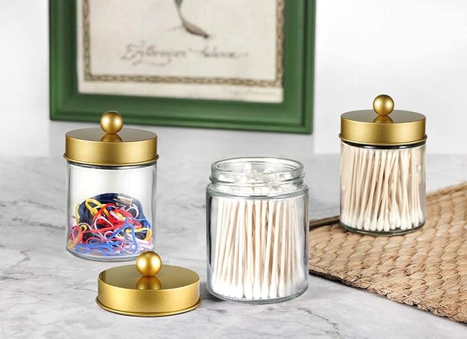 Amolliar 6Pc Apothecary Jars Bathroom Vanity Organizer- Rustic Farmhouse Decor Storage Canister with Stainless Steel Lids- Qtip Dispenser Holder for Q-Tips,Cotton Swabs,Rounds,Ball,Flossers (Gold)