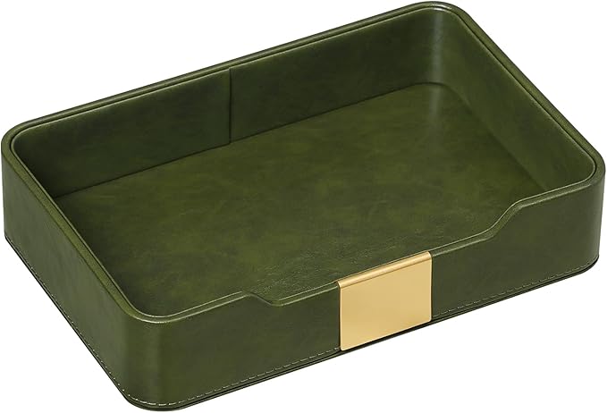 PU Leather Valet Tray with Gold Accent, Decorative Nightstand Organizer Desk Trays Cologne Organizer for Men - Key Bowl Vanity Trinket Tray for Dresser Bedside Entryway Table (Dark Green)
