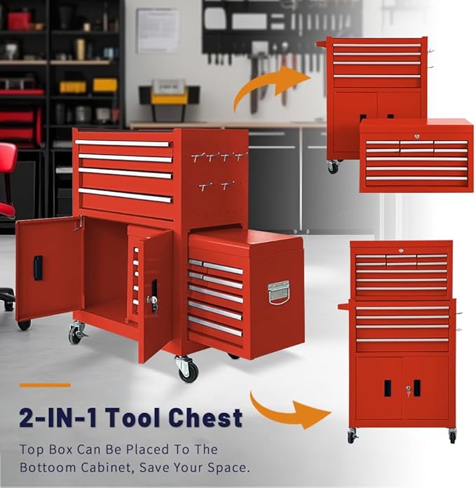 13-Drawer Rolling Tool Chest with Double Doors, 2 in 1 Detachable Rolling Tool Chest with Drawers, Metal Large Lockable Tool Box，Mobile Tool Cabinet Combo for Garage Workshop (Red)