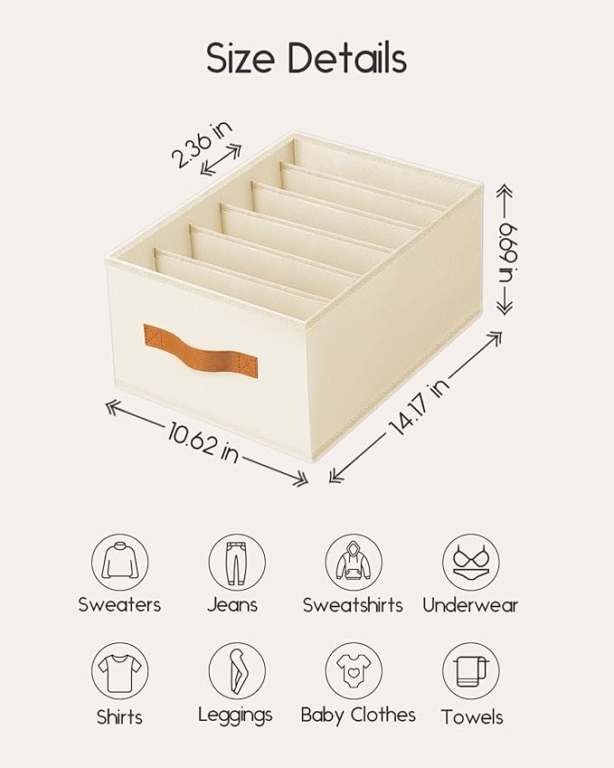 Closet Organizers and Storage - Fabric Clothes Organizer with Handles, Foldable Jeans Organizer for Clothes, Drawer Organizer for Shirts, Bra, Sweater, Scarf, 4 Pack, Beige