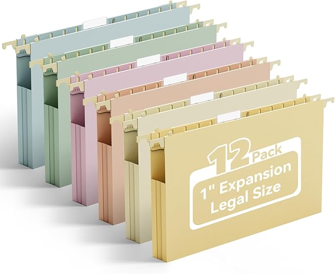 Ansook Plastic Hanging File Folders Legal Size,12 Pack Extra Capacity Expandable Legal File Folder Hanging with Tabs,Heavy Duty 1" Filing Cabinet Folder for Documents,Hanging File Organizer