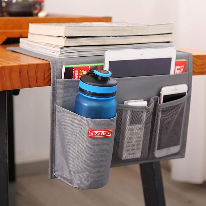 Bedside Storage Organizer - Table Cabinet Organizer Caddy for Remotes, Phone, Glasses (4 Pockets - Grey)