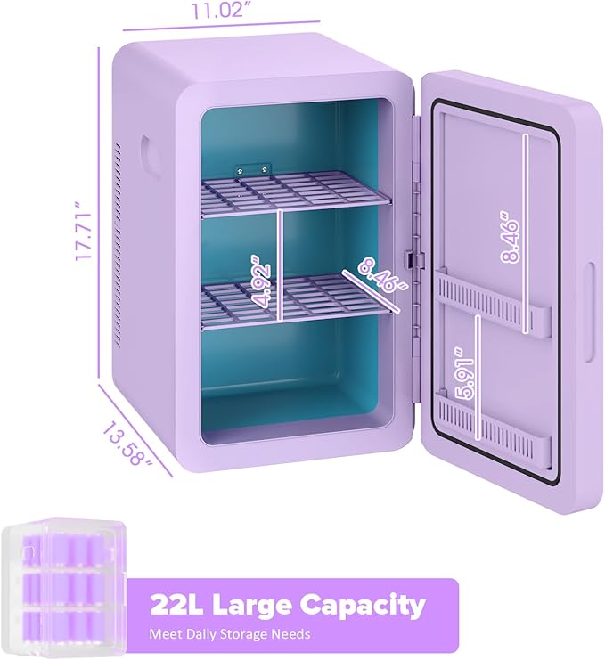 22L/30Cans Mini Fridge for Bedroom, 12v DC Portable Cooler & Warmer, Mini Refrigerator with Glass Front, for Car Office Desk & Dorm Food Beverage Skincare Makeup (Purple)