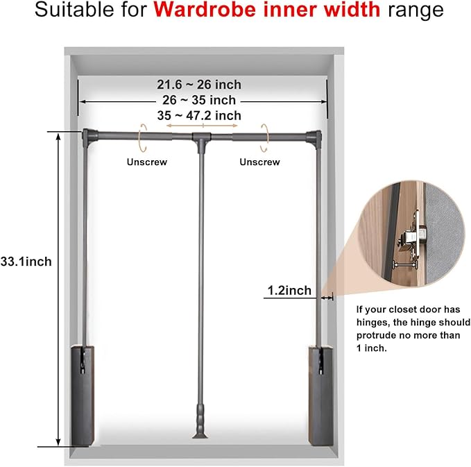 Pull Down Closet Rod for Hanging Clothes, Retractable Wardrobe Hanger for Cabinet Inside Width 35"~47.2", Aluminium alloy Tubing with Plastic Housing, 44 lb Weight Rating