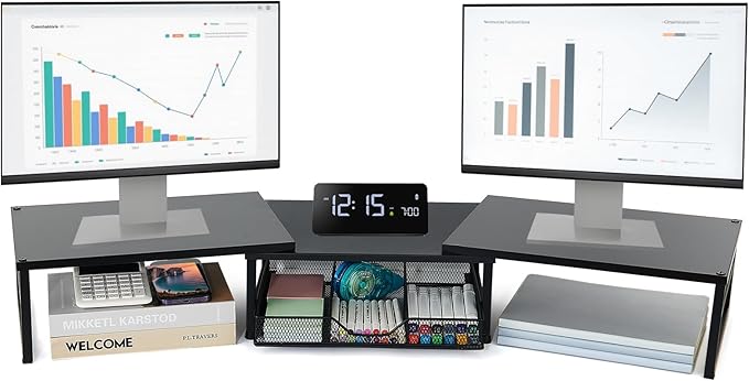 OPNICE Dual Monitor Stand Riser, Desk Organizer with Drawer, Office Desk Organizers and Accessories, Office Workspace Organization, Computer Monitor Stand for Laptop, Printer (Black)