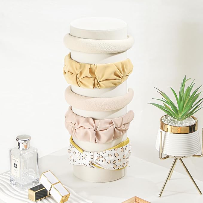 Vertical Headband Holder Organizer, Soft Velvet Tower Hairband Stand Display, Hair Hoop Accessories Jewelry Storage for Women Girls (Beige Velvet)
