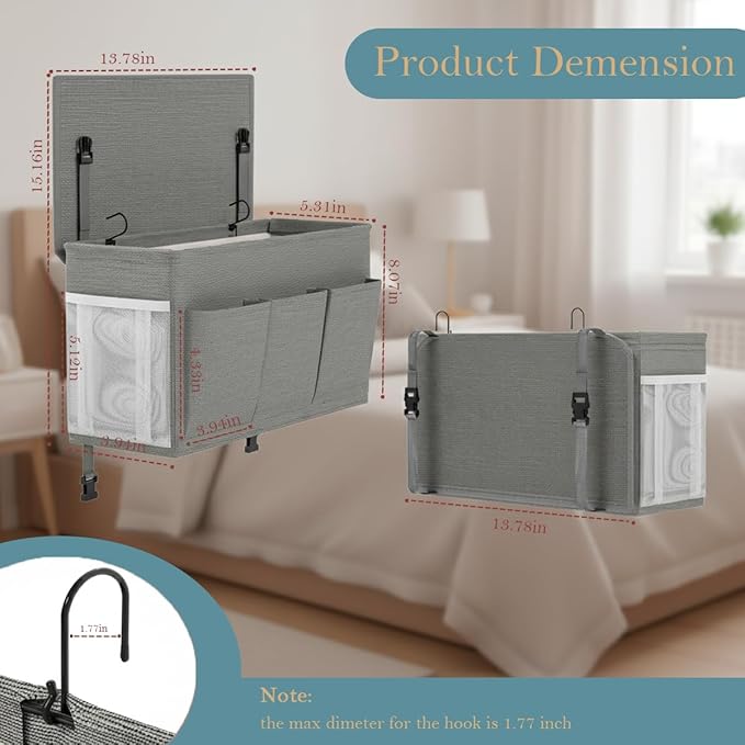 Dual-Purpose Bedside Caddy Organizer Hanging Storage Bag Dorm Storage for Home, Dorm, Bunk, Hospital Beds, Bed Caddy Holder with 6 Pockets for Magazines, Books, Phones, Remotes, Bottles