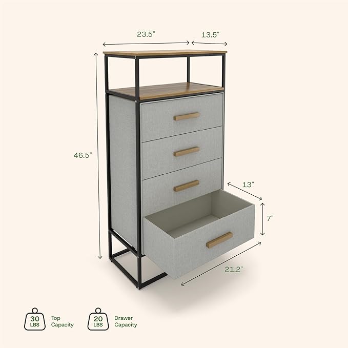 tinge Zana Premium Fabric Dresser - Strong Metal Frame, 4 Spacious Sag-Proof Drawers & Sturdy Wooden Top Shelf - Premium, Sleek & Durable Storage Solution for Your Home (Silver)