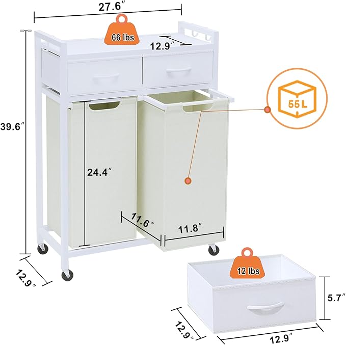 Laundry Hamper, Laundry Sorter 2 Section, Rolling Laundry Basket with Wheels, 2 Drawers, 2 × 14.5 Gal (55 L), Pull-Out and Removable Oxford Fabric Bags, White and Beige