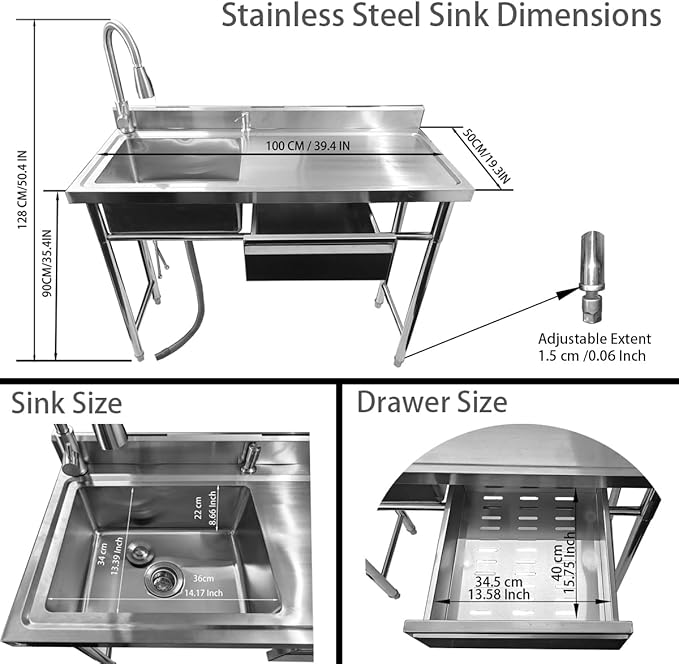 304 Stainless Steel Utility Sink with Faucet – Free Standing Single Bowl Kitchen Sink with Workbench & Drawer Storage, Hot/Cold Water Pipes for Laundry, Farmhouse & Outdoor Use 39“(SCTD-100R)