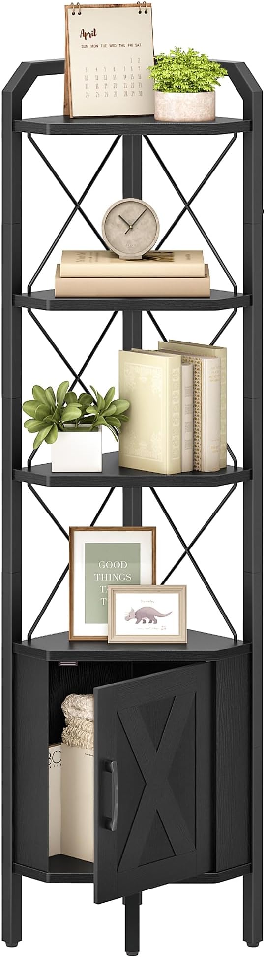 62.2" Corner Shelf with Cabinet, 4-Tier Tall Corner Bookshelf with X-Shaped and Diamond Design, for Living Room, Bedroom, Bathroom Storage, Black