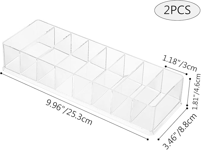 Acrylic Makeup Brush Organizers,2 Pack 8 Section 8 Compartments Transparent Plastic Lipstick Holder Clear 9.96x3.46x1.81 Inches Storage Square Cube for Bathroom Jewelry Accessories