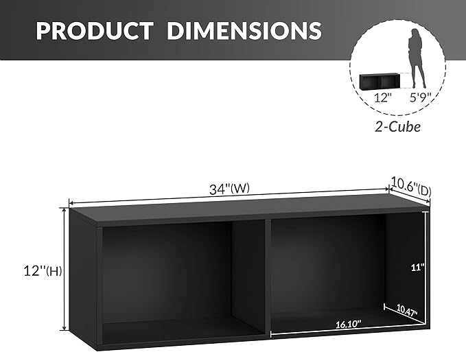 IOTXY DIY Modular Cube Bookcase - CubeXY Customizable Stackable Expandable Basic Shelving Units, 2-Cube Wooden Open Bookshelf for Miscellaneous Storage Organizer, Black