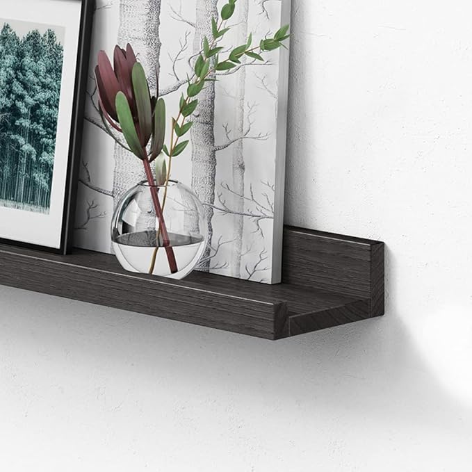 Forbena 36 Inch Photo Picture Ledge Shelf Set of 4, Black Floating Shelves with Lip for Wall, Narrow Long Wood Wall Shelf for Living Room Bedroom Office Classroom Library Books Album Frames Art Decor