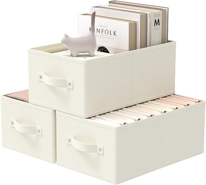 Fabric Storage Boxes for Shelves, 3 Pack Foldable Cloth Bins, Closet Organizers System with 2 Handles, Durable and Sturdy, Saving Space, Beige, 16.1 x 9.8 x 6.5 In, XSNY11BEM-3